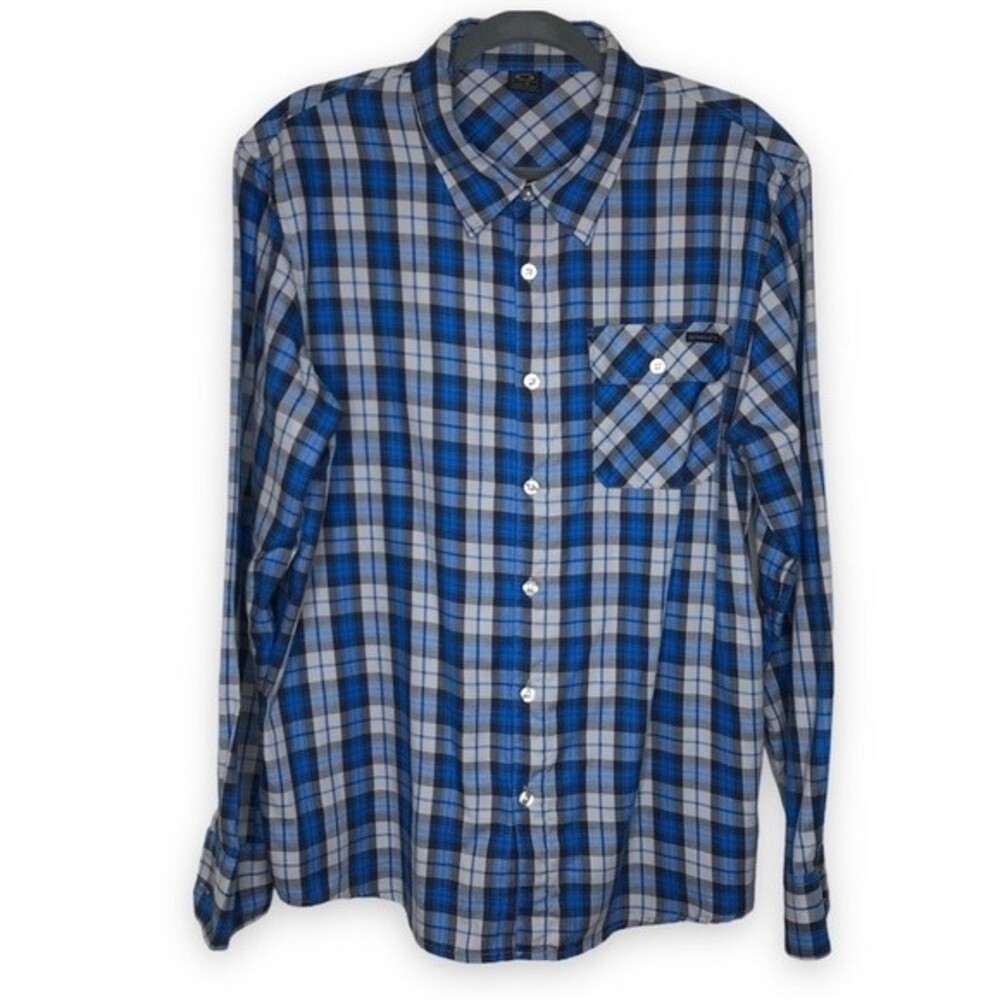 Oakley Blue Black Gray Plaid Button Front Long Sleeve Shirt Mens Size Large